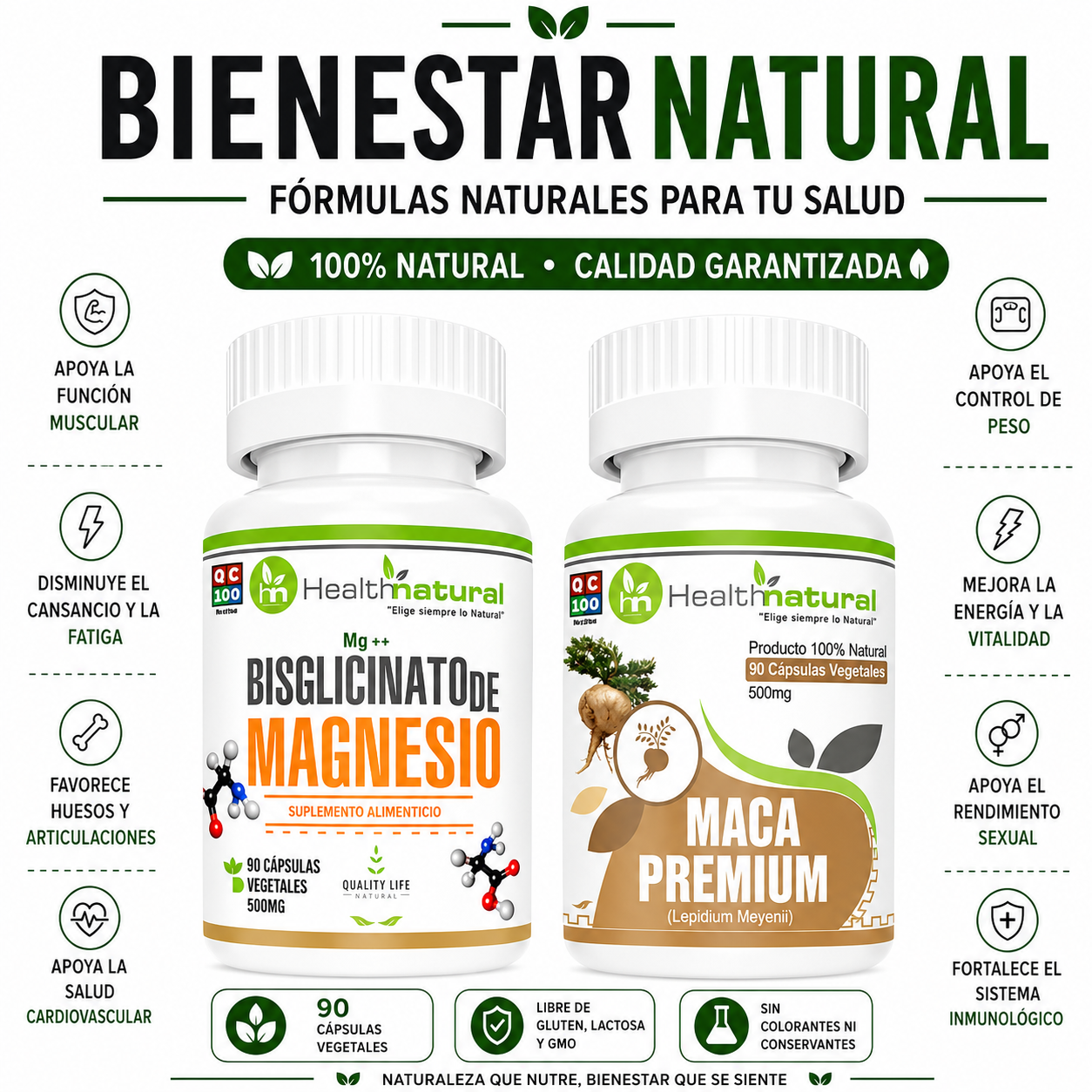 BISGLICINATO DE MAGNESIO HEALTHNATURAL + MACA PREMIUM HEALTHNATURAL - 1