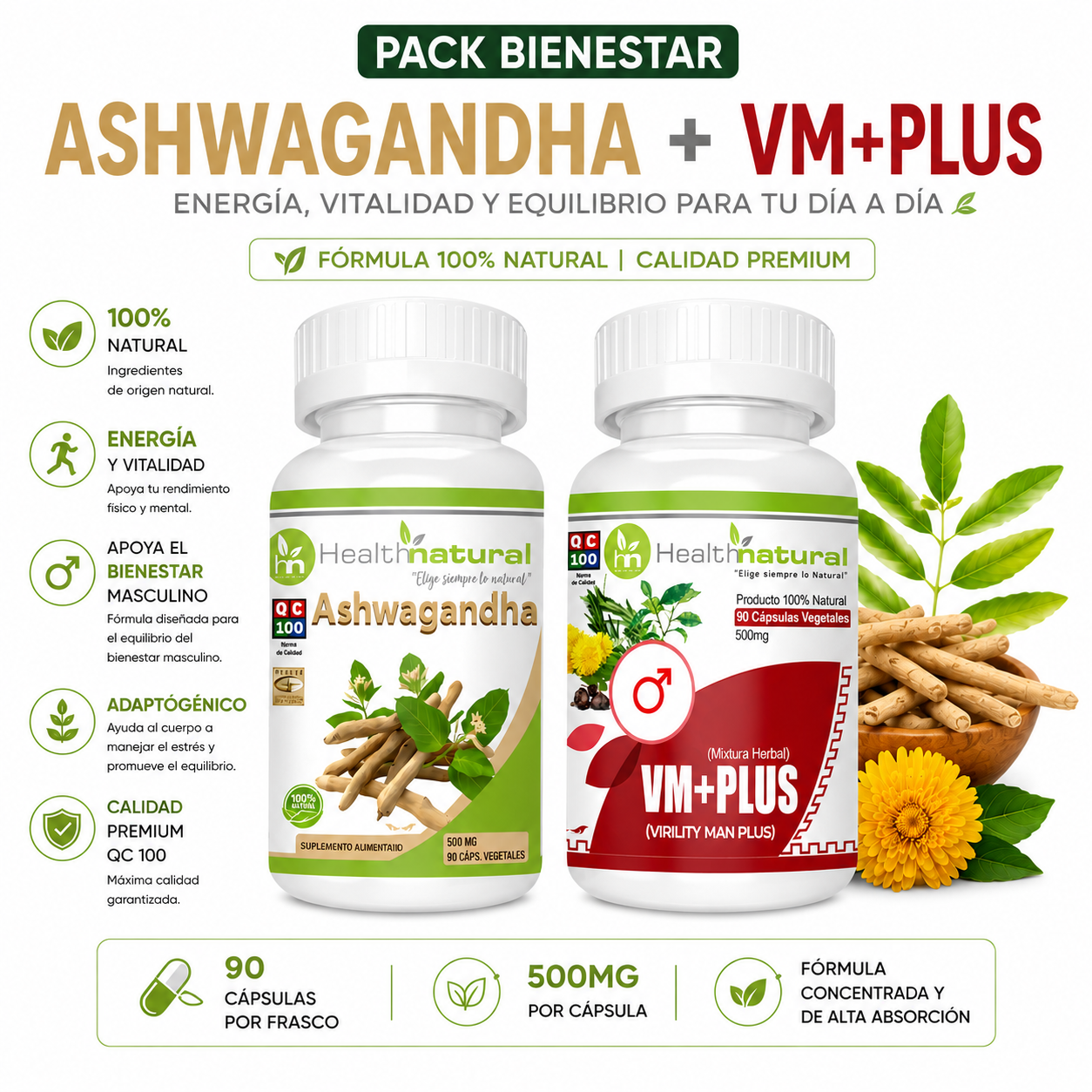 ASHWAGANDHA HEALTHNATURAL 500MG + VM+(VIRILITY MAN PLUS) 500MG - 1