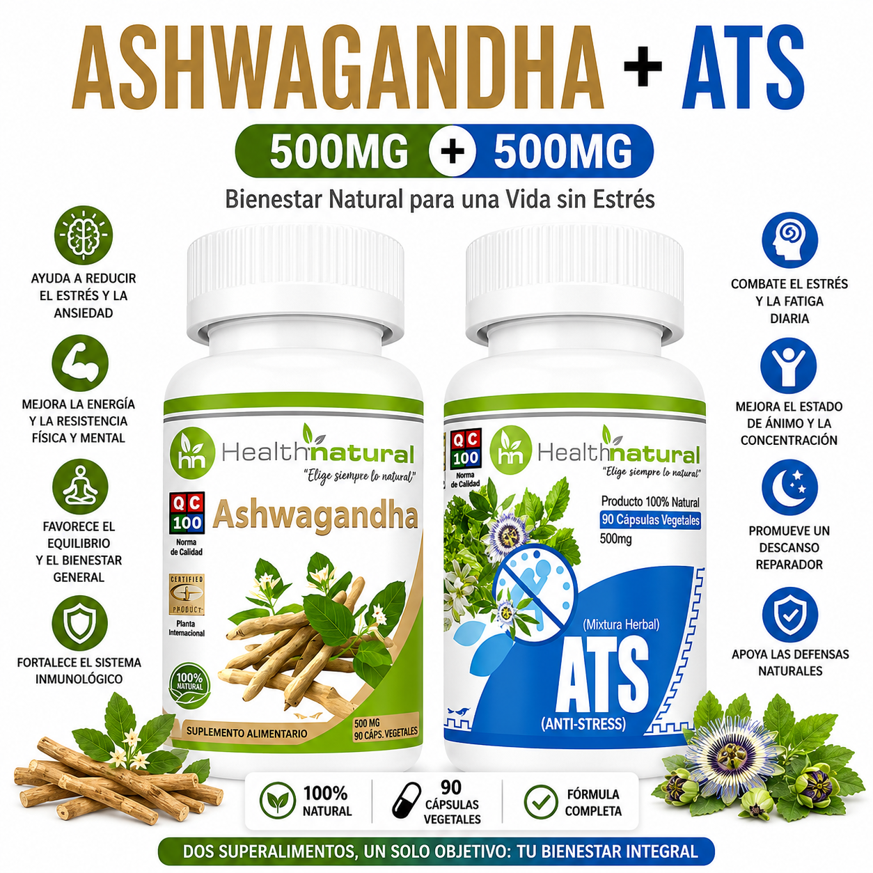ASHWAGANDHA HEALTHNATURAL 500MG + ATS(ANTI-STRES) HEALTHNATURAL 500MG - 1