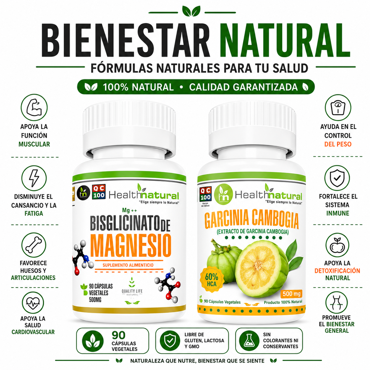 BISGLICINATO MAGNESIO HEALTHNATURAL + GARCINIA CAMBOGIA HEALTHNATURAL - 1