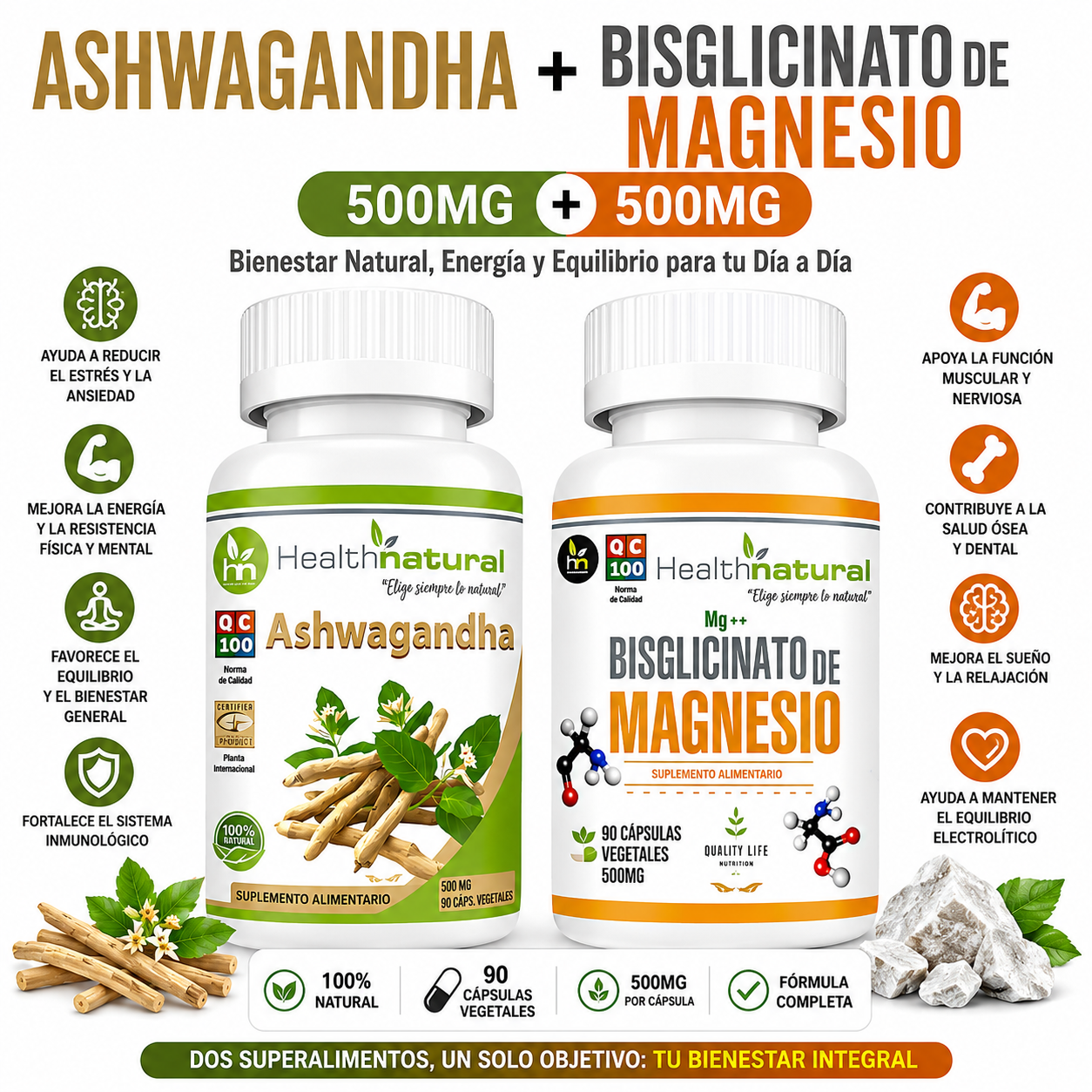 ASHWAGANDHA HEALTHNATURAL + BISGLICINATO DE MAGNESIO HEALTHNATURAL - 1