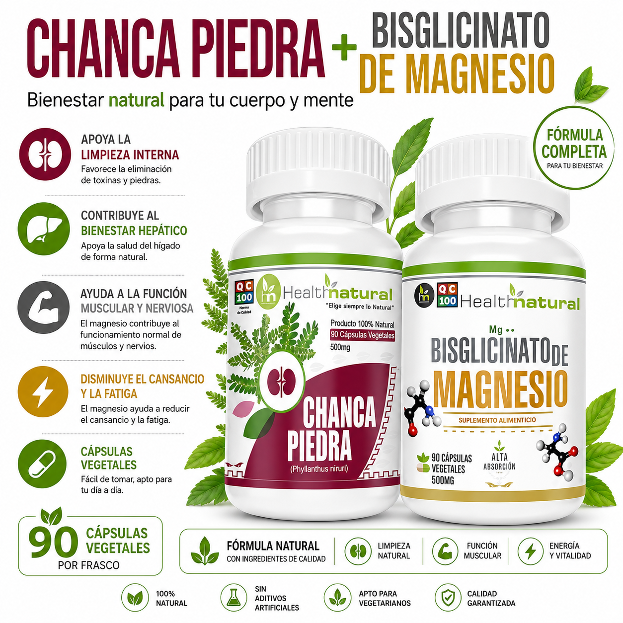 CHANCA PIEDRA HEALTHNATURAL + BISGLICINATO DE MAGNESIO HEALTHNATURAL - 1