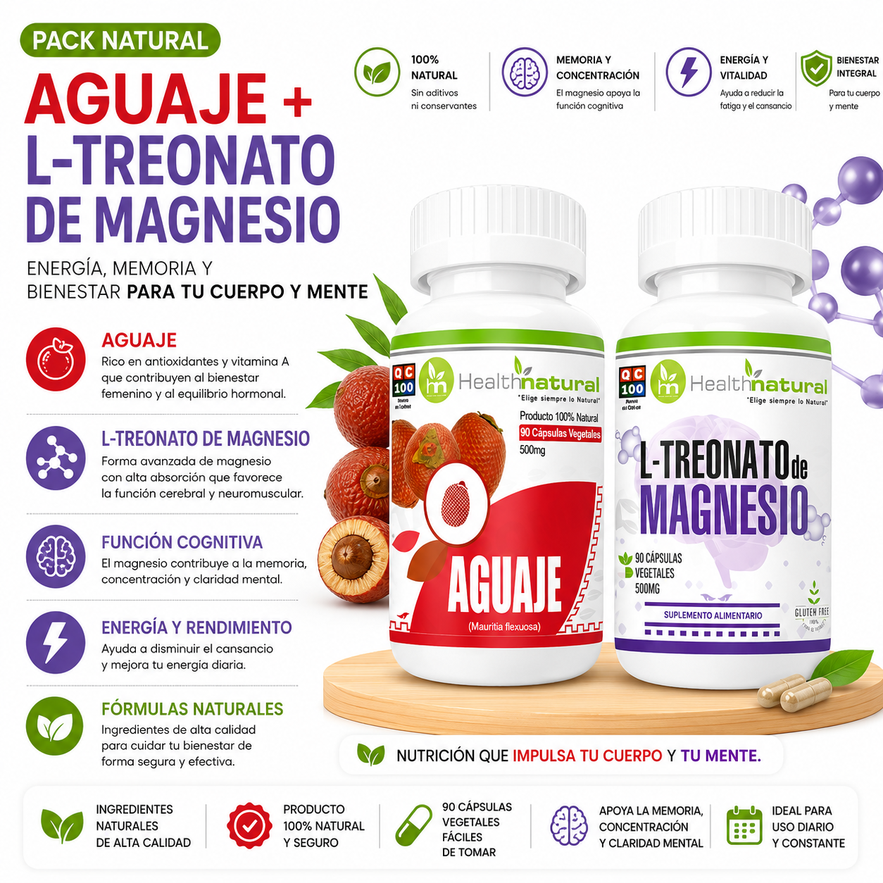 AGUAJE HEALTHNATURAL + L-TREONATO DE MAGNESIO HEALTHNATURAL 500MG - 1