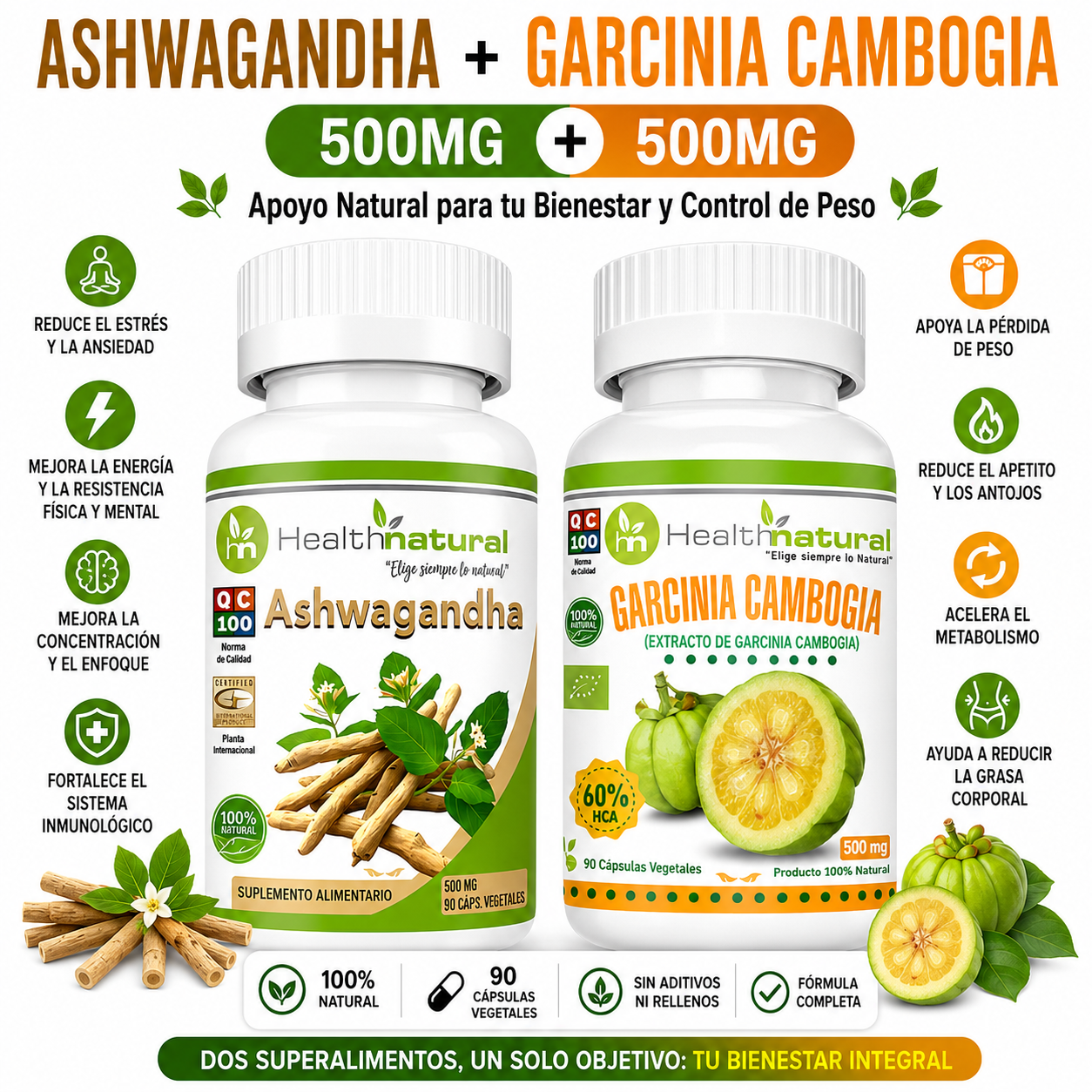 ASHWAGANDHA HEALTHNATURAL + GARCINIA CAMBOGIA HEALTHNATURAL 500MG - 1