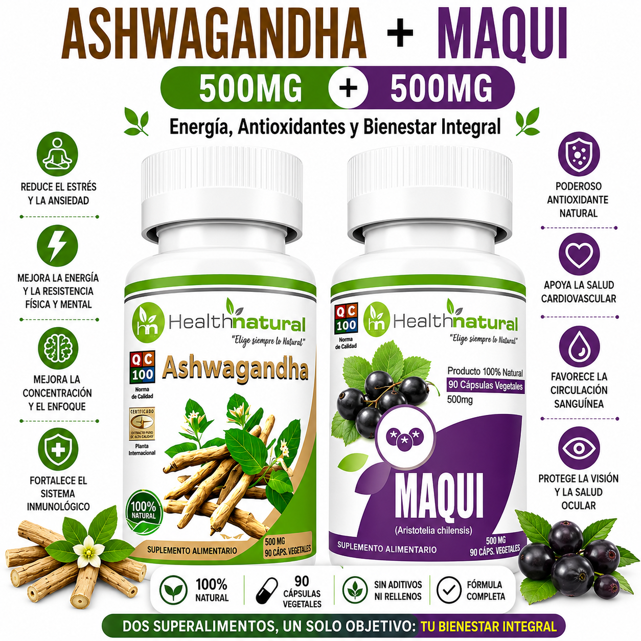 ASHWAGANDHA HEALTHNATURAL 500MG + MAQUI HEALTHNATURAL 500MG - 1