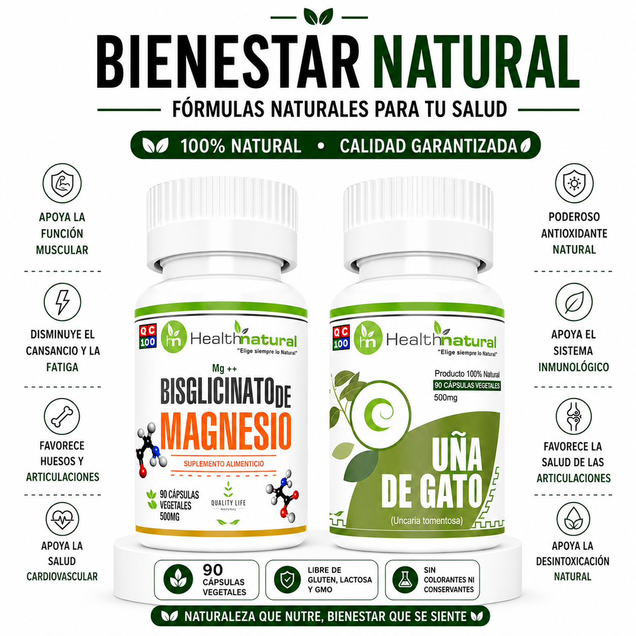 BISGLICINATO MAGNESIO HEALTHNATURAL + UÑA DE GATO HEALTHNATURAL - 1