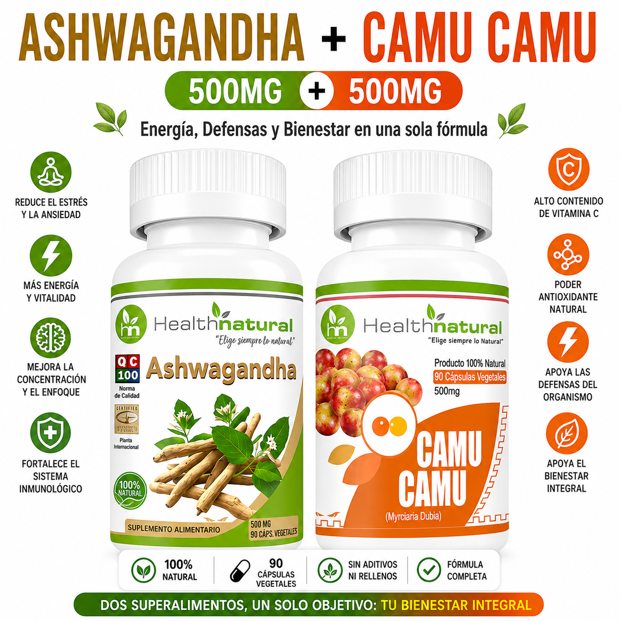 ASHWAGANDHA HEALTHNATURAL 500MG + CAMU CAMU HEALTHNATURAL 500MG - 1