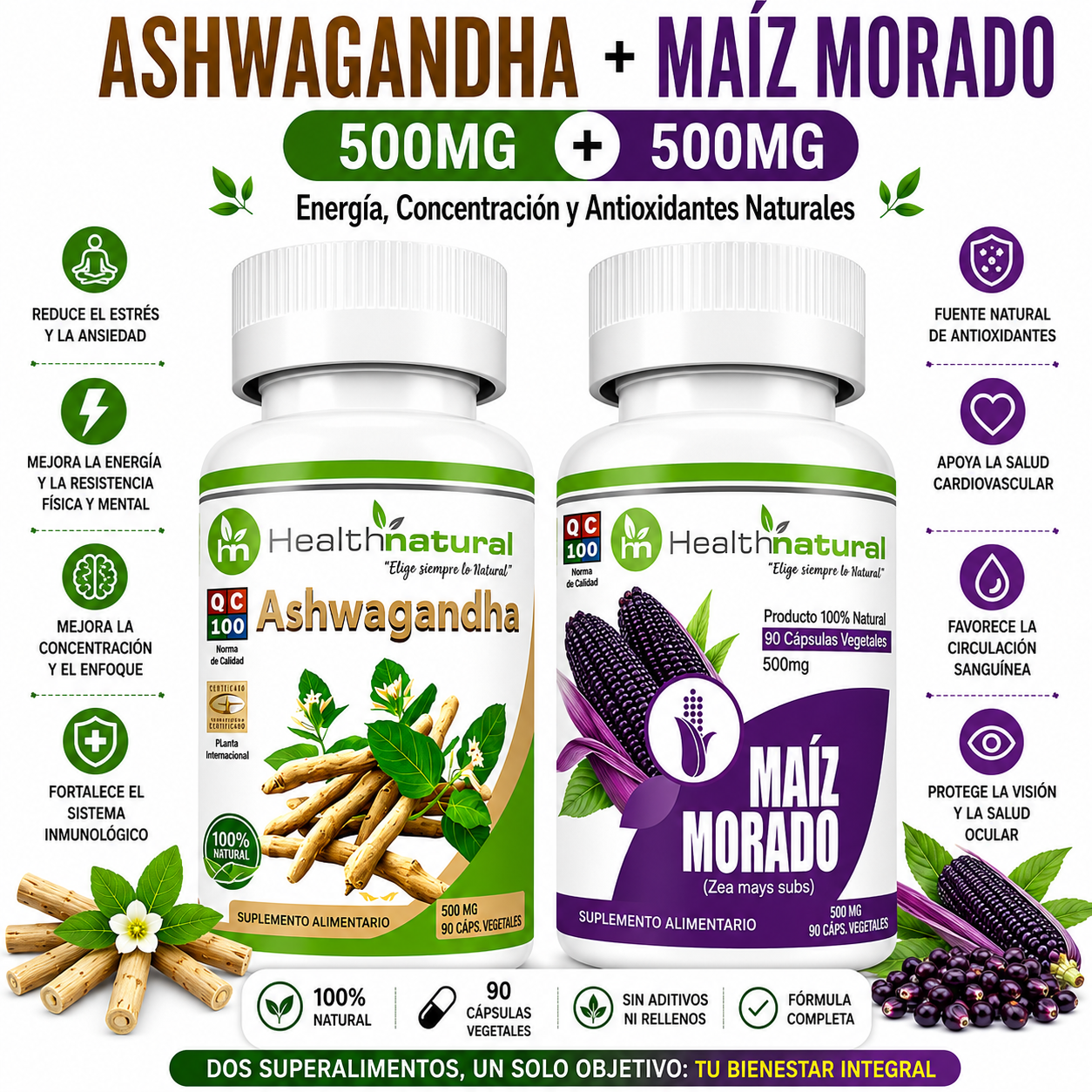 ASHWAGANDHA HEALTHNATURAL 500MG + MAIZ MORADO HEALTHNATURAL 500MG - 1