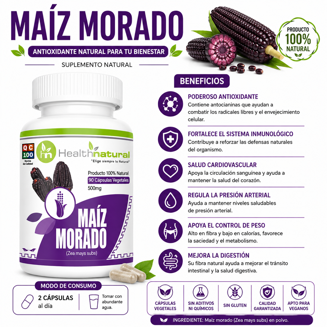 ASHWAGANDHA HEALTHNATURAL 500MG + MAIZ MORADO HEALTHNATURAL 500MG - 3