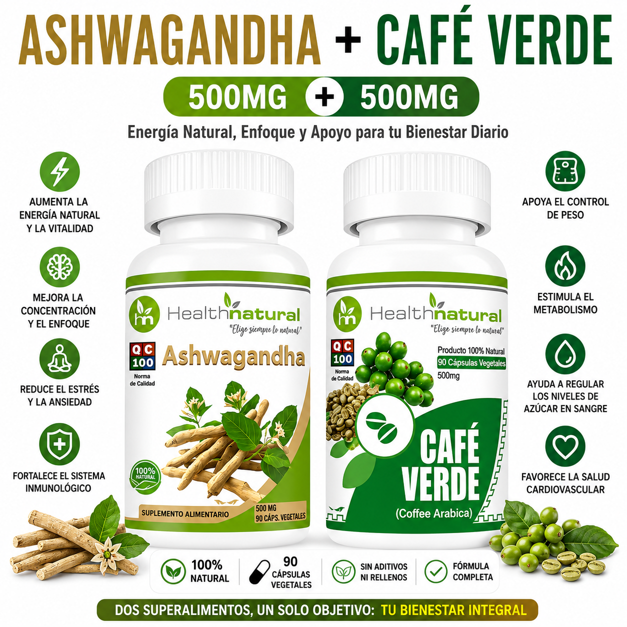 ASHWAGANDHA HEALTHNATURAL 500MG + CAFÉ VERDE HEALTHNATURAL 500MG - 1