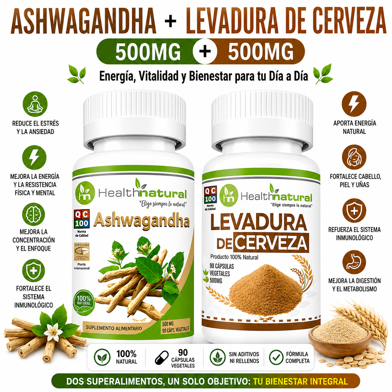 ASHWAGANDHA HEALTHNATURAL + LEVADURA DE CERVEZA HEALTHNATURAL 500MG - 1