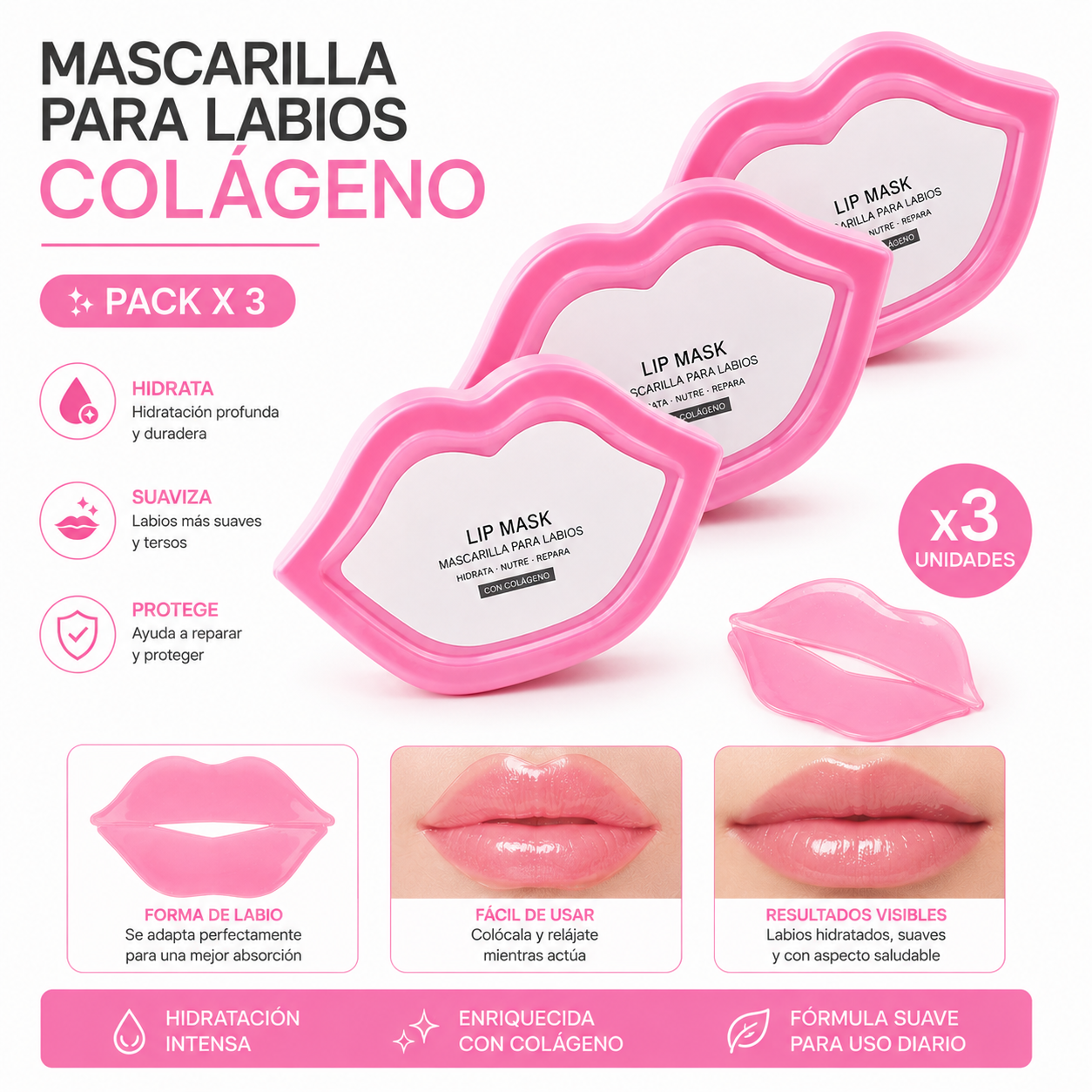 PACK 3 PARCHE PARA LABIOS COLÁGENO BIOAQUA - 1