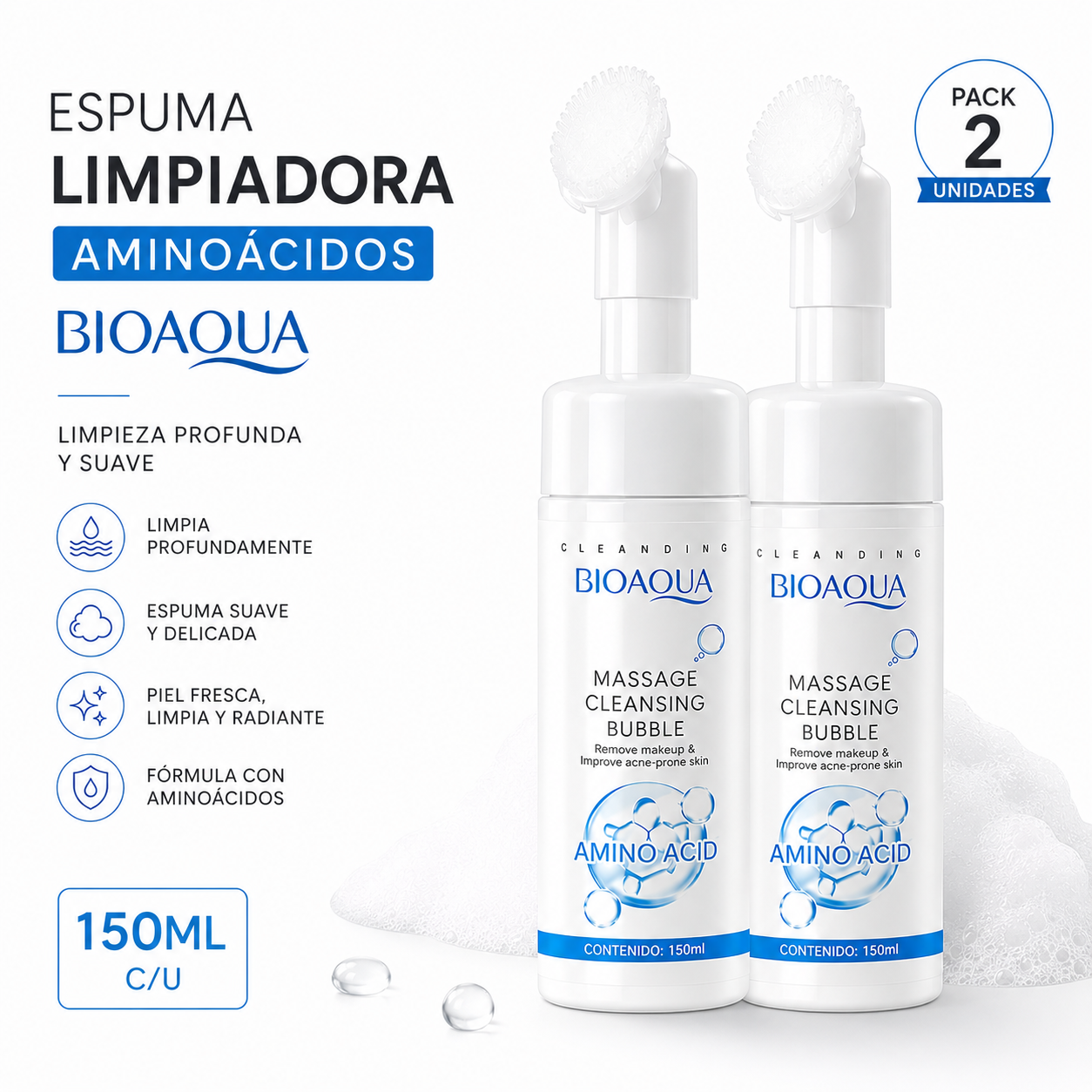 PACK 2 ESPUMA LIMPIADORA AMINOÁCIDOS 150ML BIOAQUA - 1