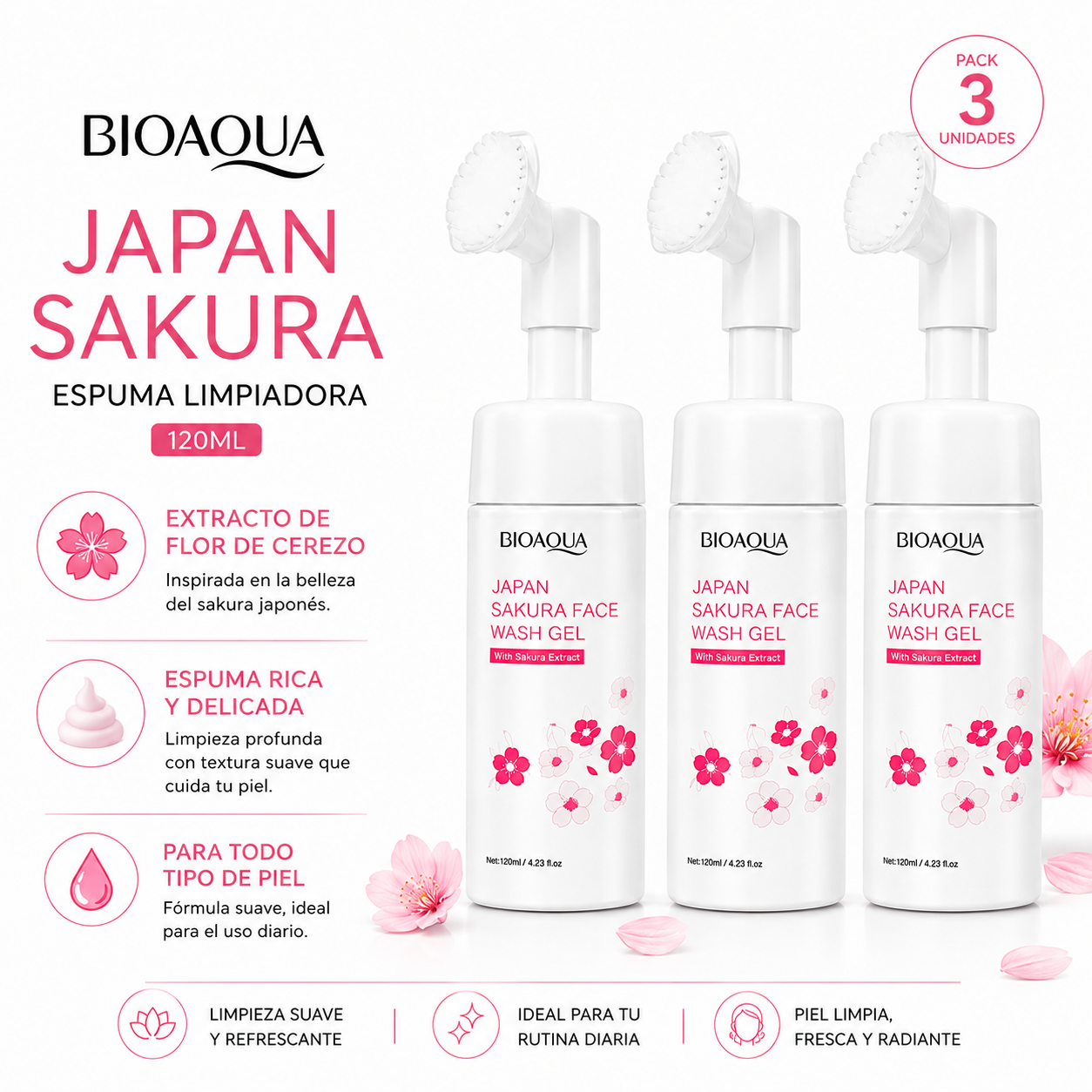 PACK 3 ESPUMA LIMPIADORA JAPAN SAKURA 120ML BIOAQUA - 1