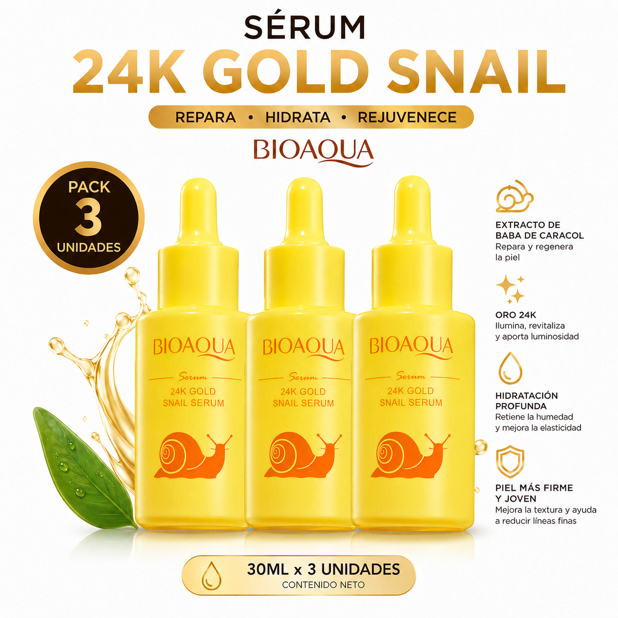 PACK 3 SÉRUM 24K GOLD SNAIL 30ML BIOAQUA - 1