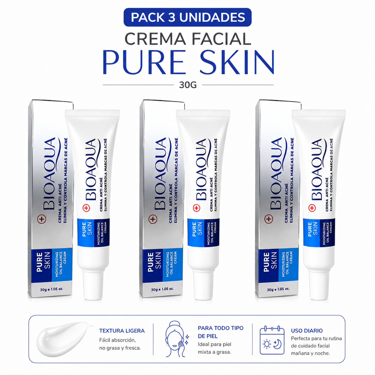 PACK 3 CREMA FACIAL PURE SKIN 30G BIOAQUA - 1
