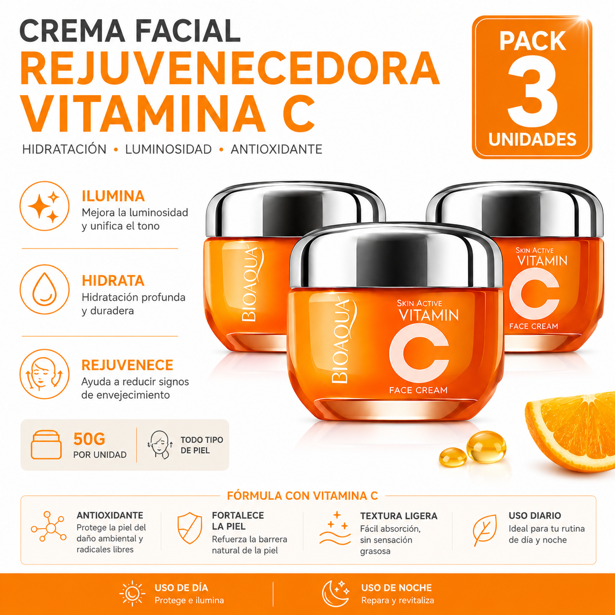 PACK 3 CREMA FACIAL REJUVENECEDORA VITAMINA C 50G BIOAQUA - 1
