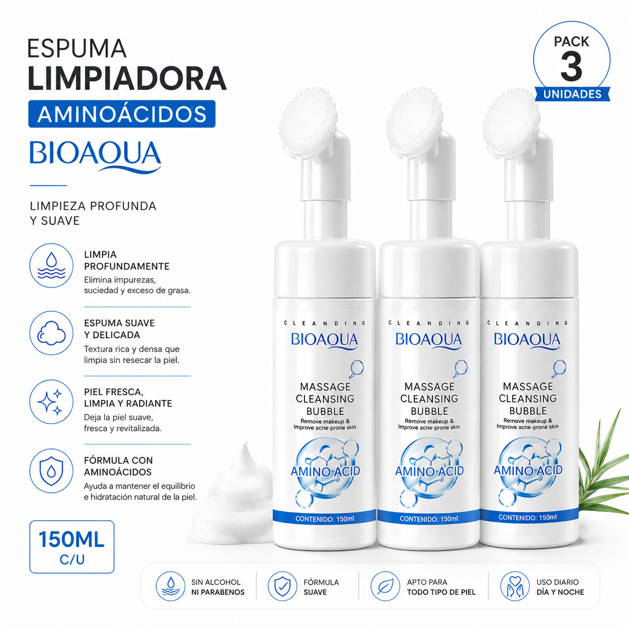 PACK 3 ESPUMA LIMPIADORA AMINOÁCIDOS 150ML BIOAQUA - 1