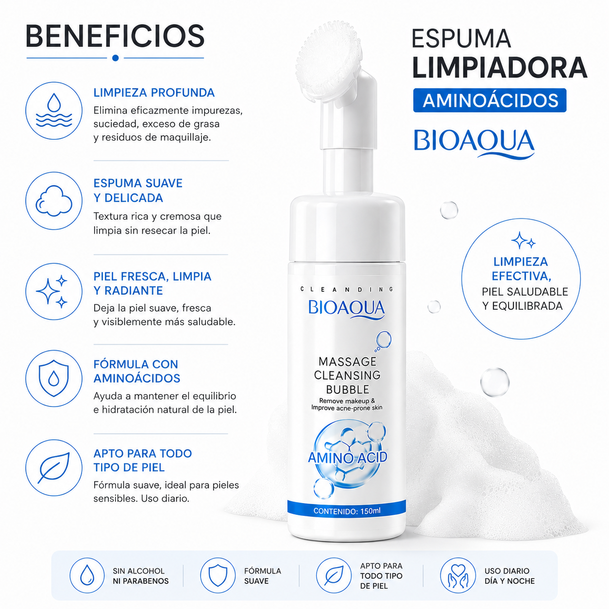 PACK 3 ESPUMA LIMPIADORA AMINOÁCIDOS 150ML BIOAQUA - 2