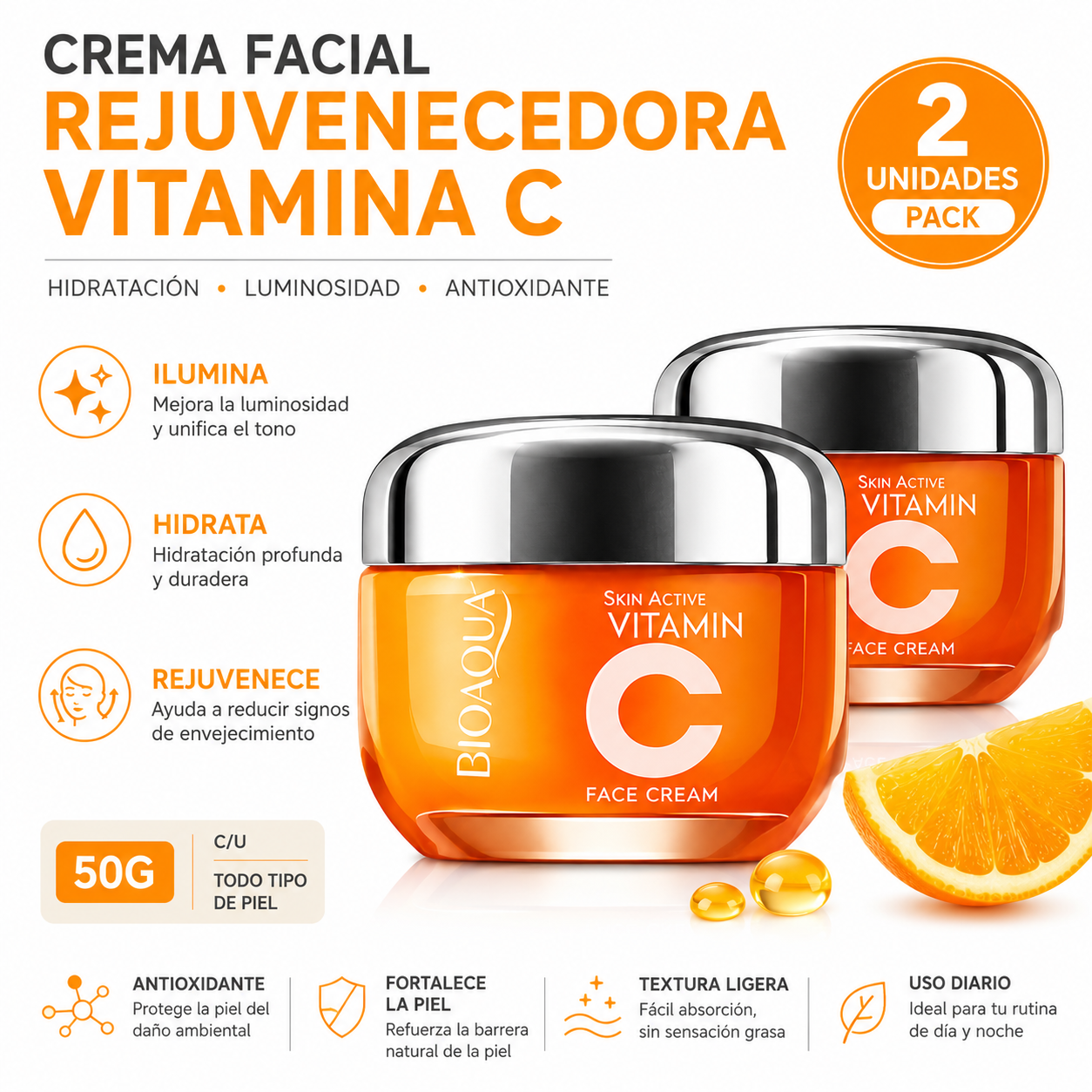 PACK 2 CREMA FACIAL REJUVENECEDORA VITAMINA C 50G BIOAQUA - 1