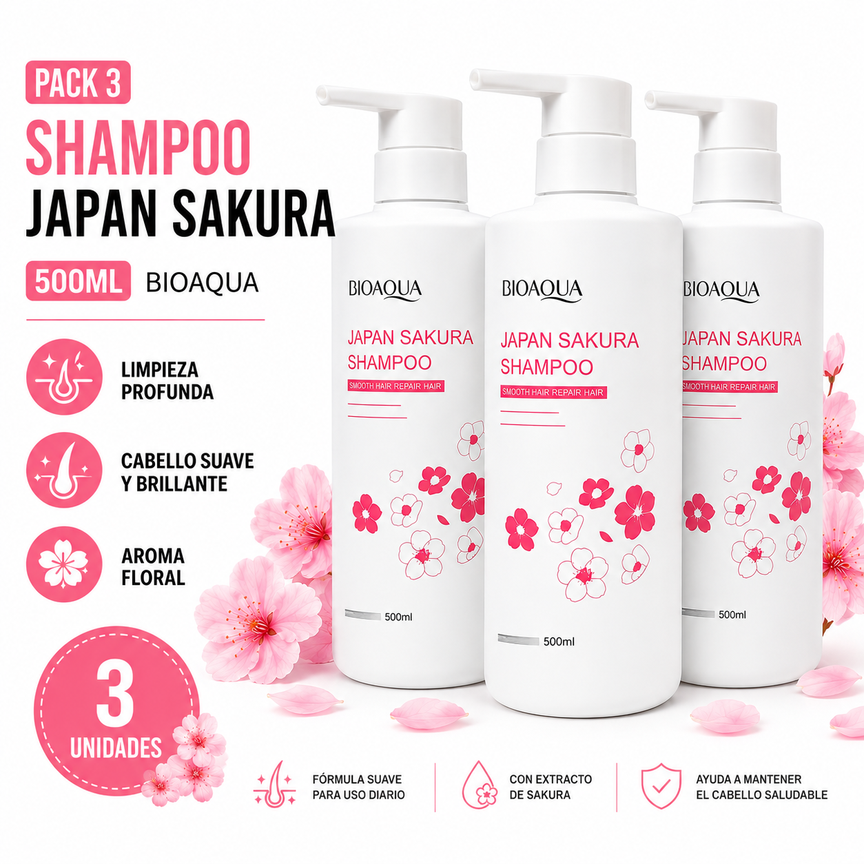 PACK 3 SHAMPOO JAPAN SAKURA 500ML BIOAQUA - 1