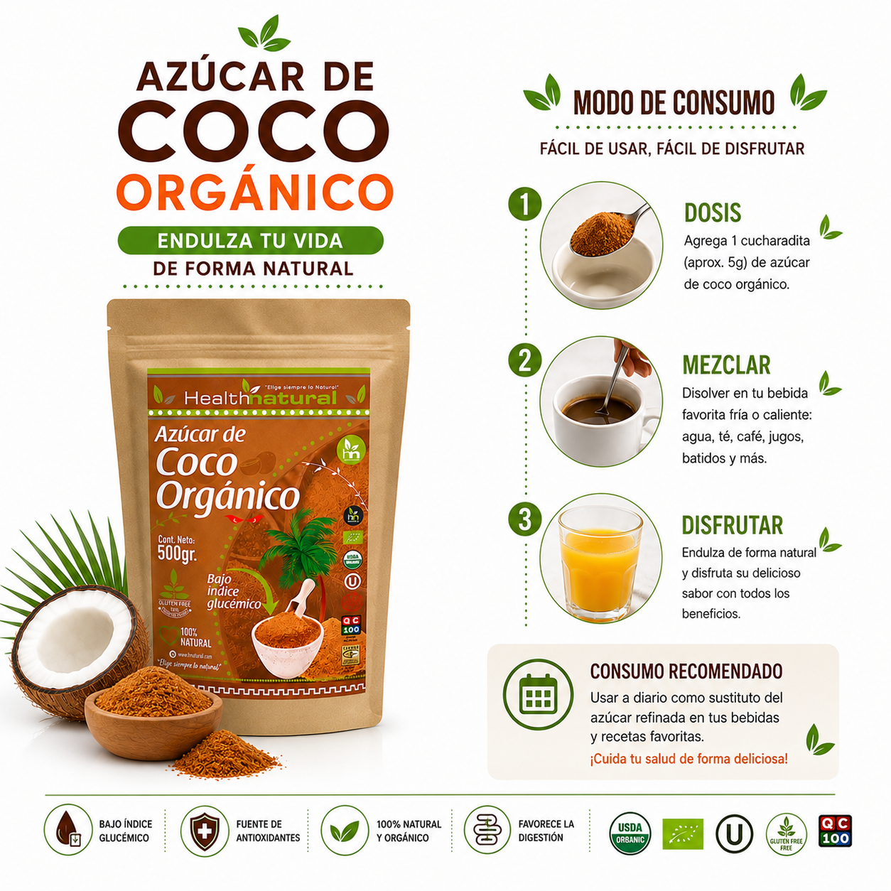 PACK 2 AZÚCAR DE COCO ORGÁNICO 500G HEALTHNATURAL - 3