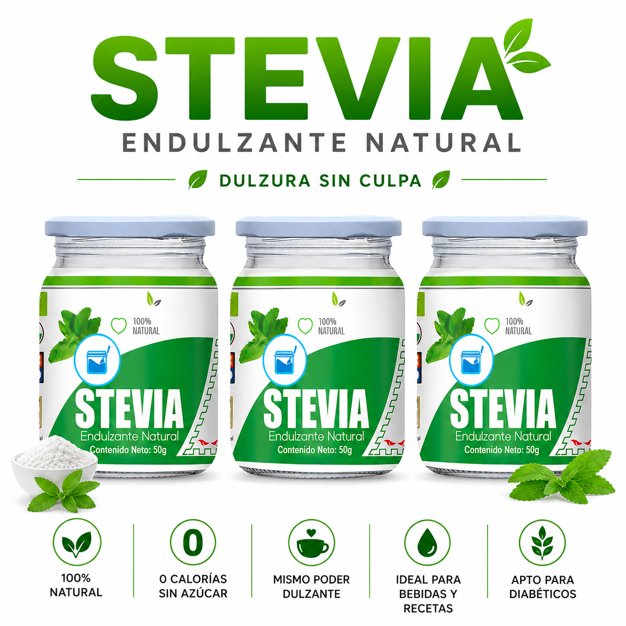 PACK 3 STEVIA EN POLVO 50G HEALTHNATURAL - 1
