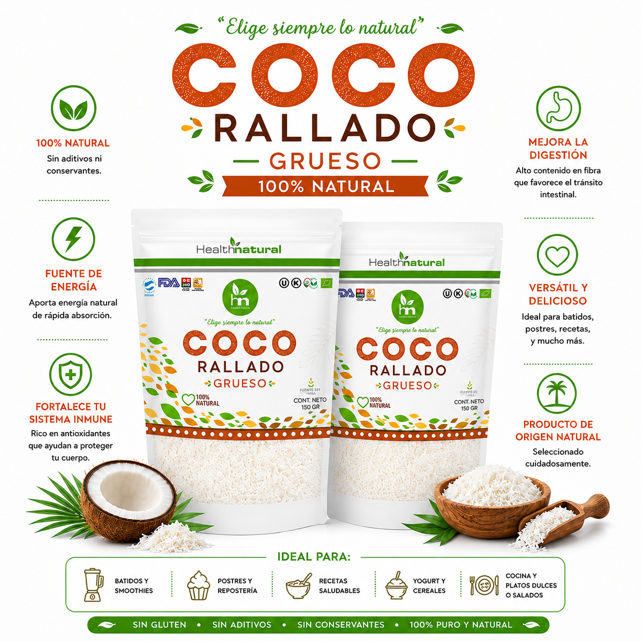 PACK 2 COCO RALLADO GRUESO 150G HEALTHNATURAL - 1