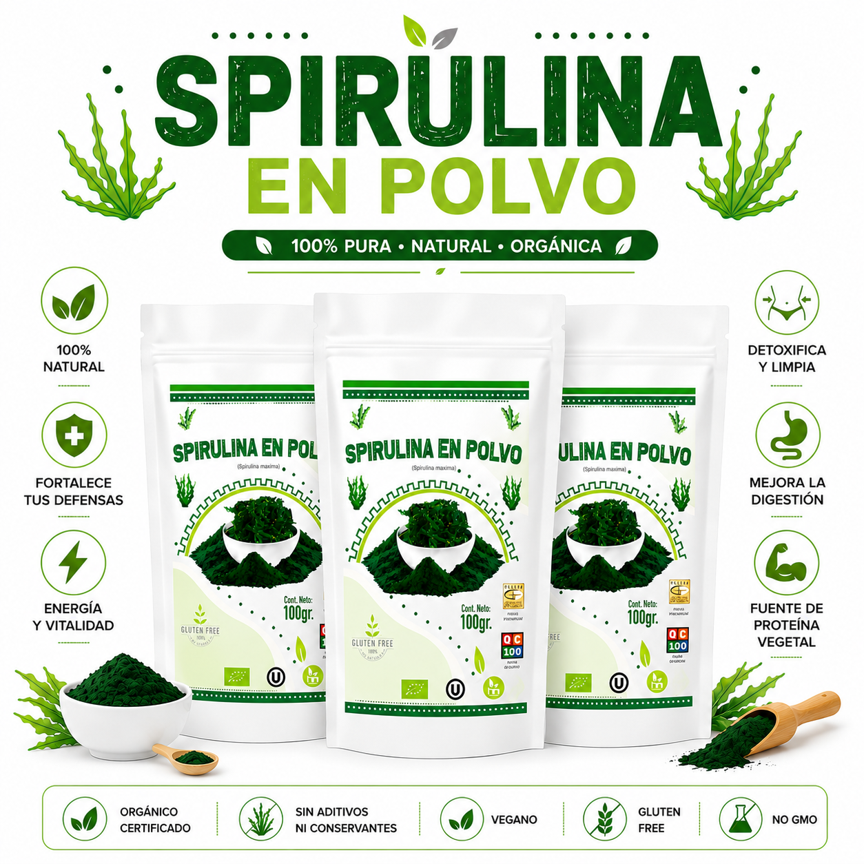 PACK 3 SPIRULINA EN POLVO 100G HEALTHNATURAL - 1