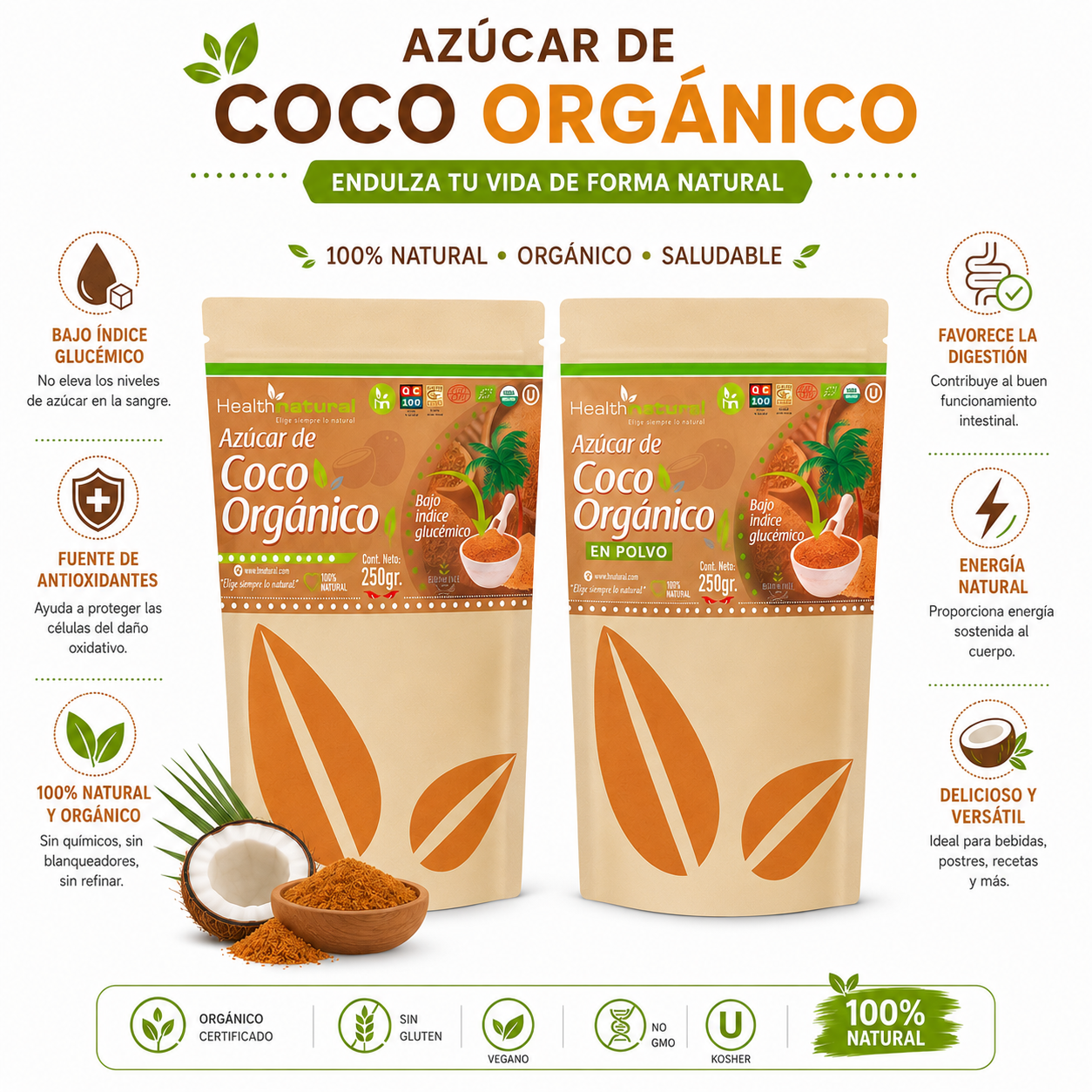 PACK 2 AZÚCAR DE COCO ORGÁNICO 250G HEALTHNATURAL - 1