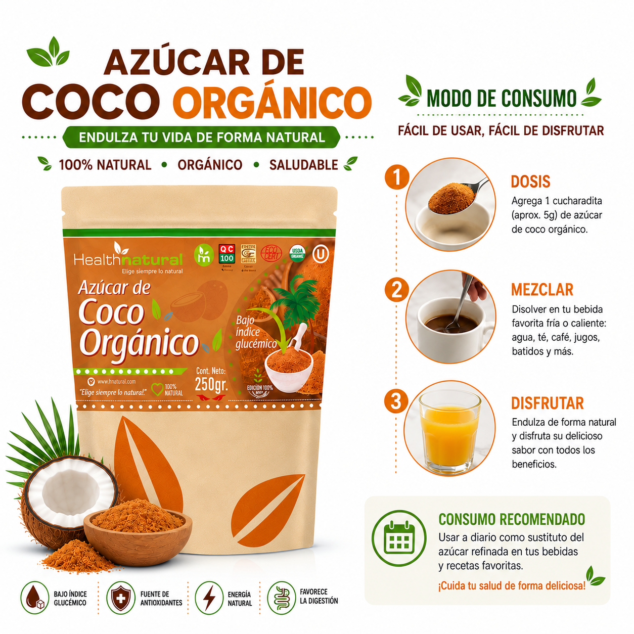 PACK 2 AZÚCAR DE COCO ORGÁNICO 250G HEALTHNATURAL - 3
