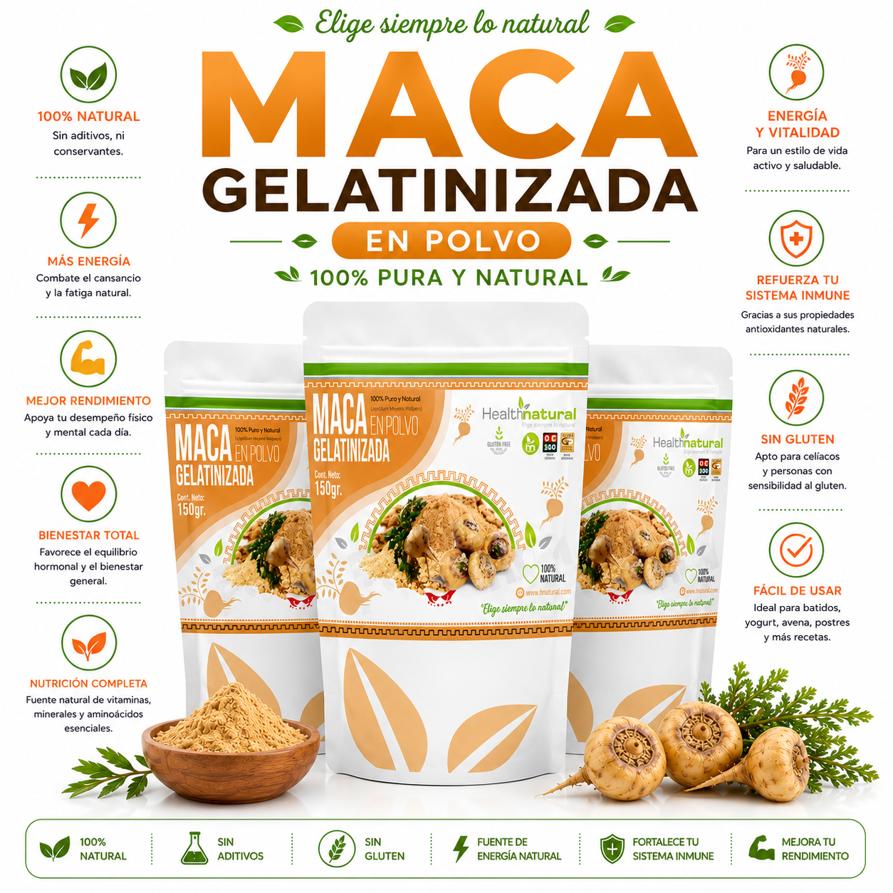 PACK 3 MACA GELATINIZADA EN POLVO 150G HEALTHNATURAL - 1