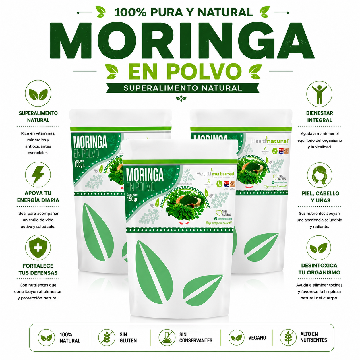 PACK 3 MORINGA EN POLVO 150G HEALTHNATURAL - 1
