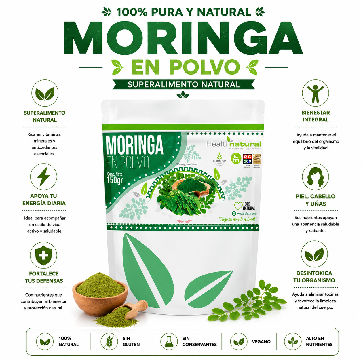 MORINGA EN POLVO 150G HEALTHNATURAL - 1
