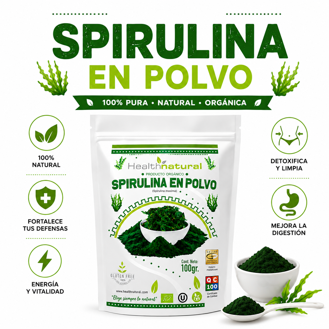 SPIRULINA EN POLVO 100G HEALTHNATURAL - 1