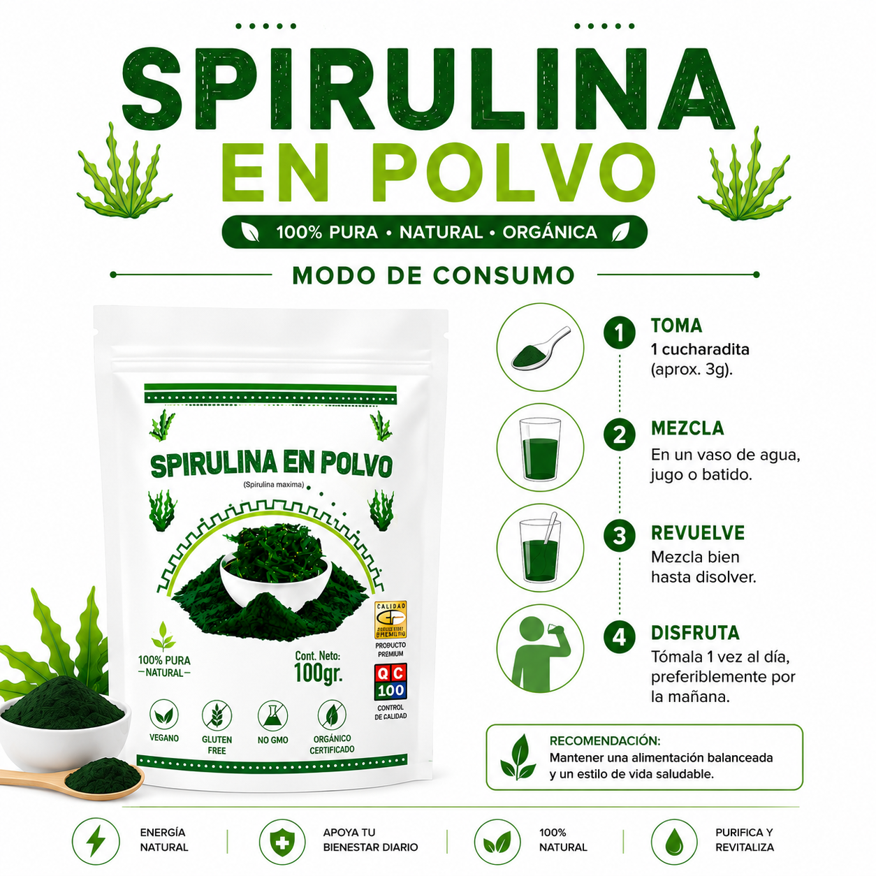 SPIRULINA EN POLVO 100G HEALTHNATURAL - 3