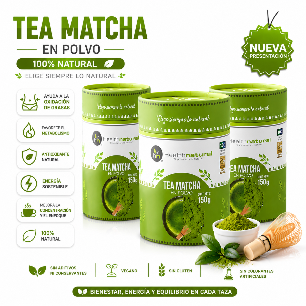 PACK 3 TÉ MATCHA ORGÁNICO 150G HEALTHNATURAL - 1