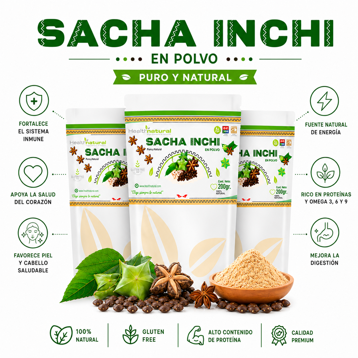 PACK 3 SACHA INCHI EN POLVO 200G HEALTHNATURAL - 1