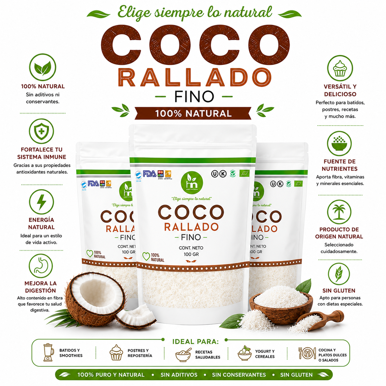 PACK 3 COCO RALLADO FINO 100G HEALTHNATURAL - 1
