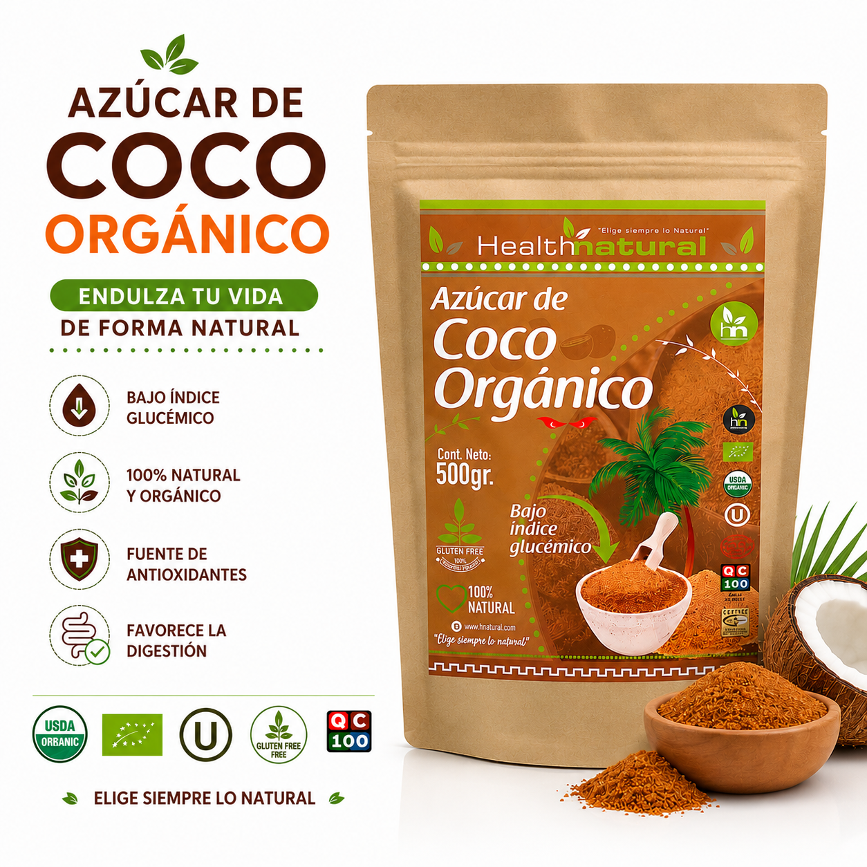 AZÚCAR DE COCO ORGÁNICO 500G HEALTHNATURAL - 1
