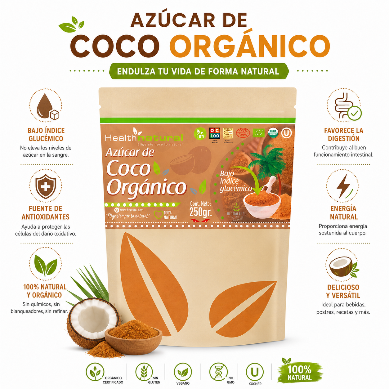 AZÚCAR DE COCO ORGÁNICO 250G HEALTHNATURAL - 1