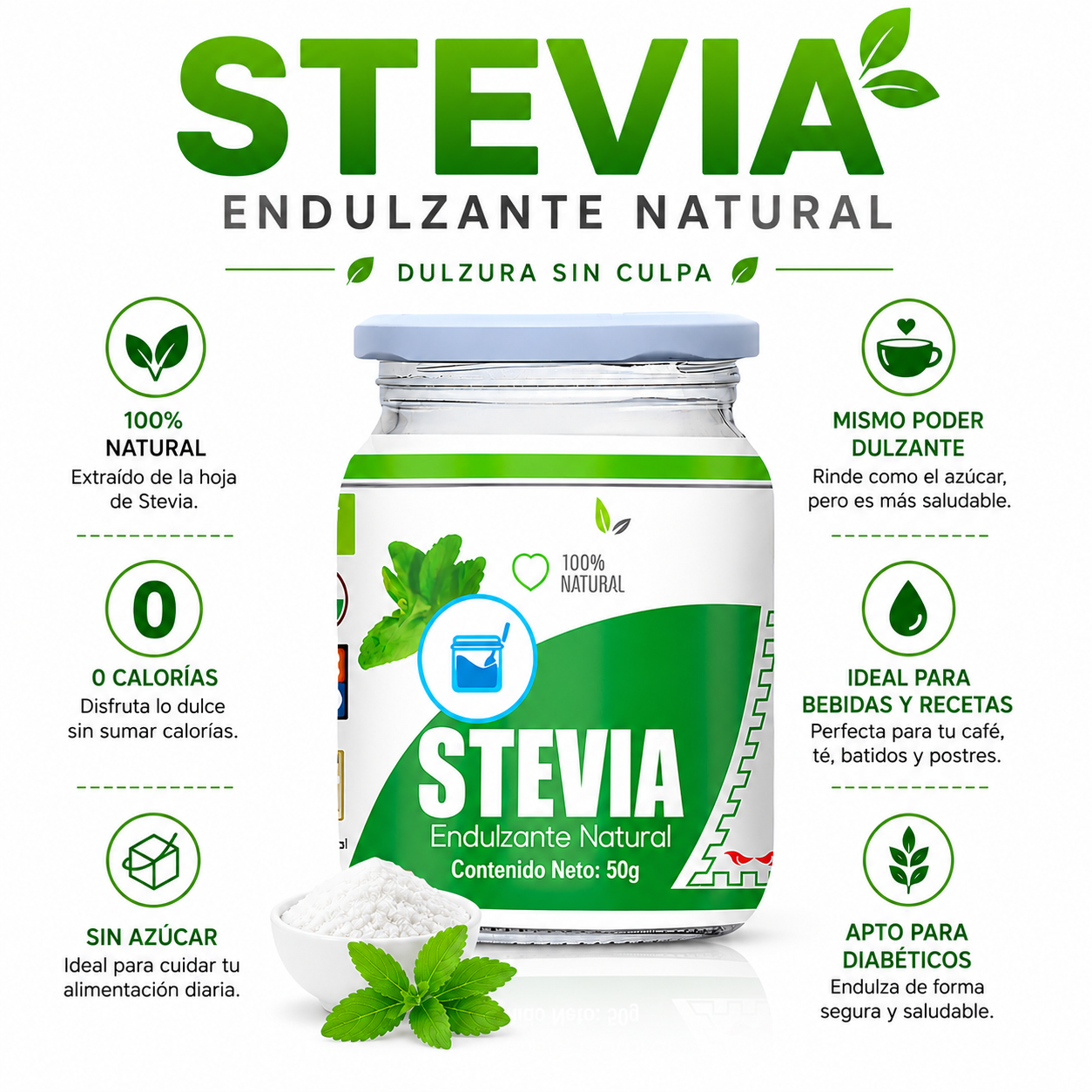 STEVIA EN POLVO 50G HEALTHNATURAL - 2