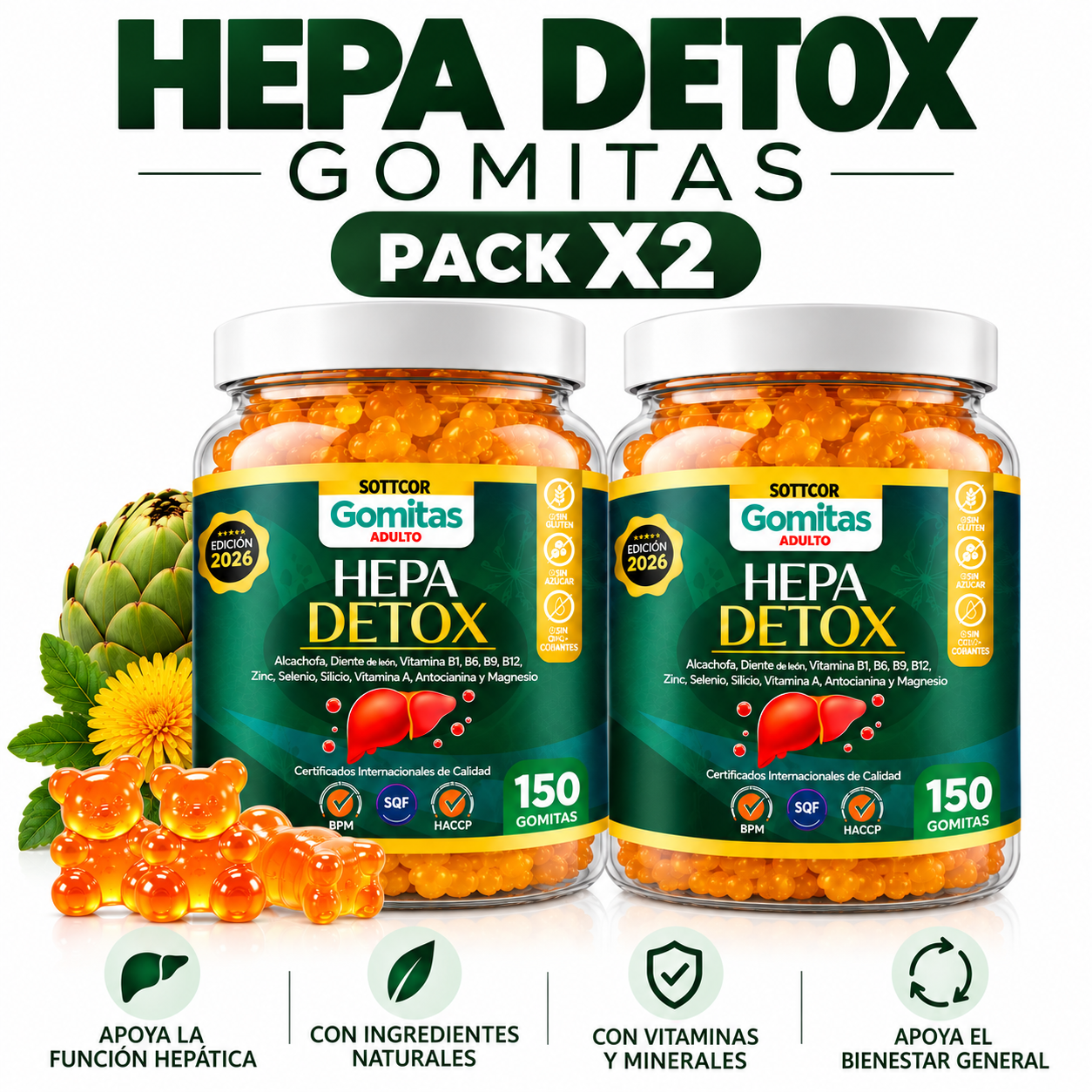 PACK 2 GOMITAS HEPA DETOX PARA ADULTOS 300 GOMITAS SOTTCOR LABS - 1