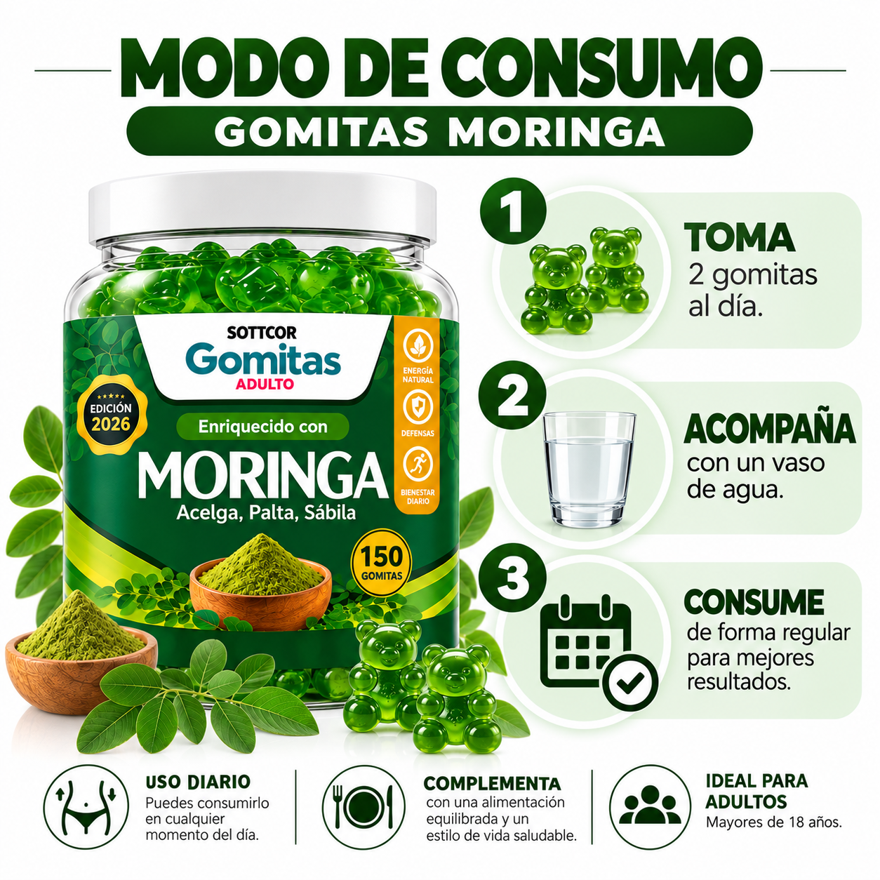 PACK 2 GOMITAS DE MORINGA PARA ADULTOS 300 GOMITAS SOTTCOR LABS - 4