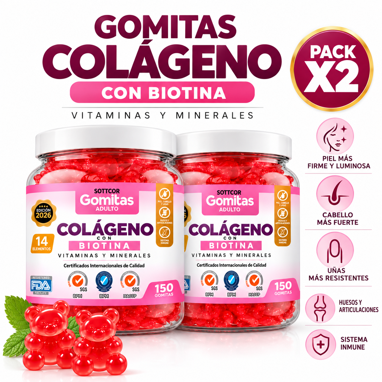PACK 3 GOMITAS DE COLÁGENO PARA ADULTOS SOTTCOR LABS 150 UNIDADES - 1