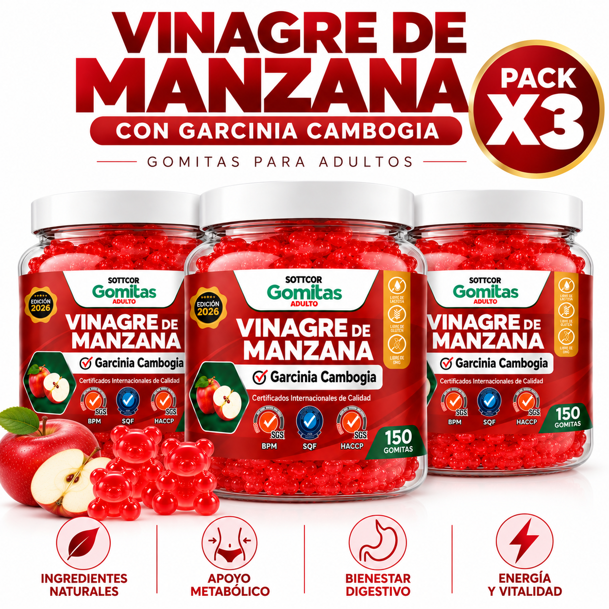 PACK 3 GOMITAS VINAGRE DE MANZANA PARA ADULTOS SOTTCOR LABS 150 UNIDADES - 1