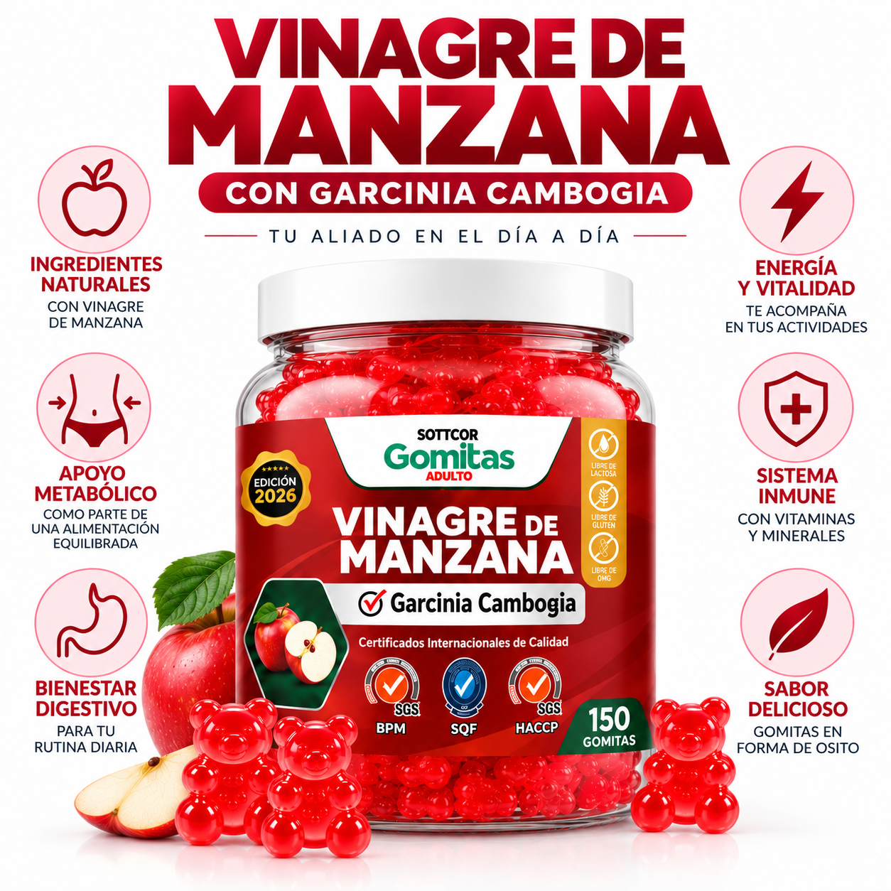 PACK 3 GOMITAS VINAGRE DE MANZANA PARA ADULTOS SOTTCOR LABS 150 UNIDADES - 3