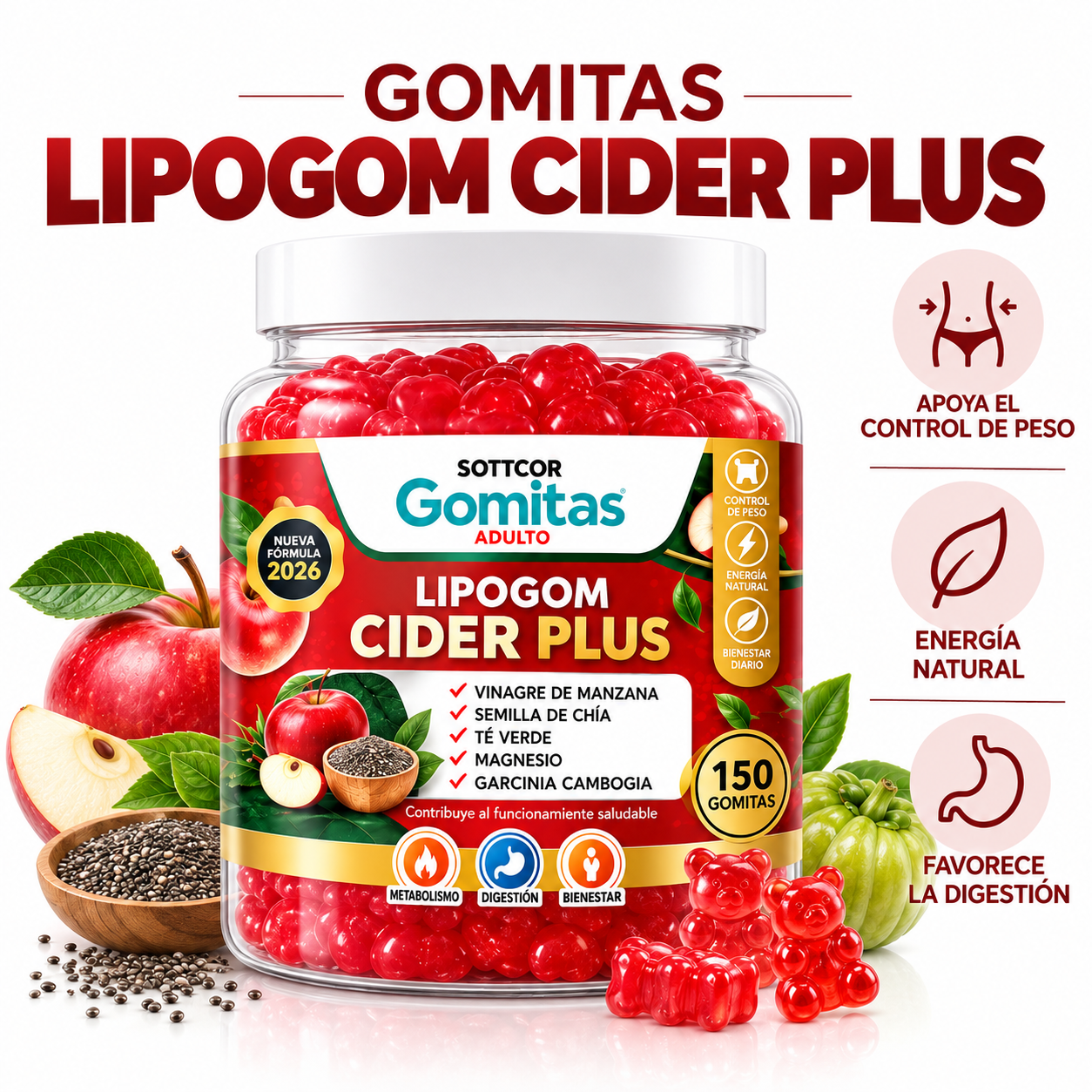 GOMITAS LIPOGOM CIDER PLUS PARA ADULTOS 150 GOMITAS SOTTCOR LABS - 1