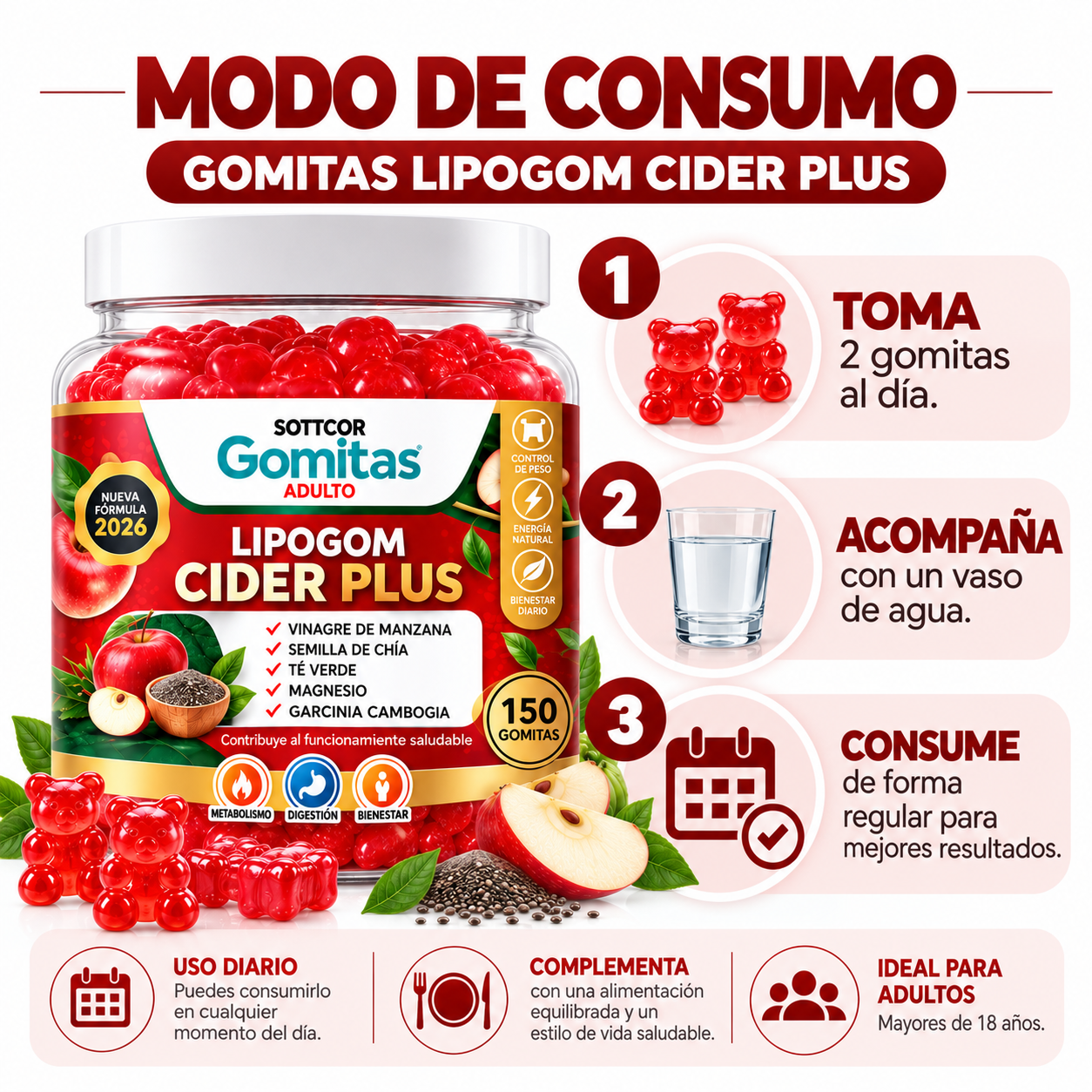 GOMITAS LIPOGOM CIDER PLUS PARA ADULTOS 150 GOMITAS SOTTCOR LABS - 4