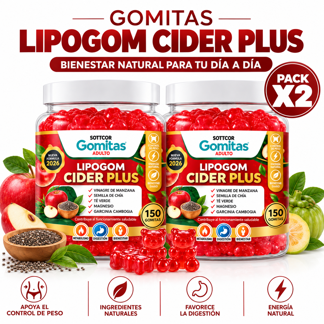 PACK 2 GOMITAS LIPOGOM CIDER PLUS PARA ADULTOS 300 GOMITAS SOTTCOR LABS - 1